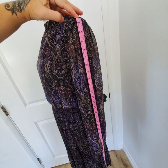 VERO MODA Midi Floral Pleated Long Sleeve Size Medium Sheer Flirty Lined Violet - Picture 11 of 16